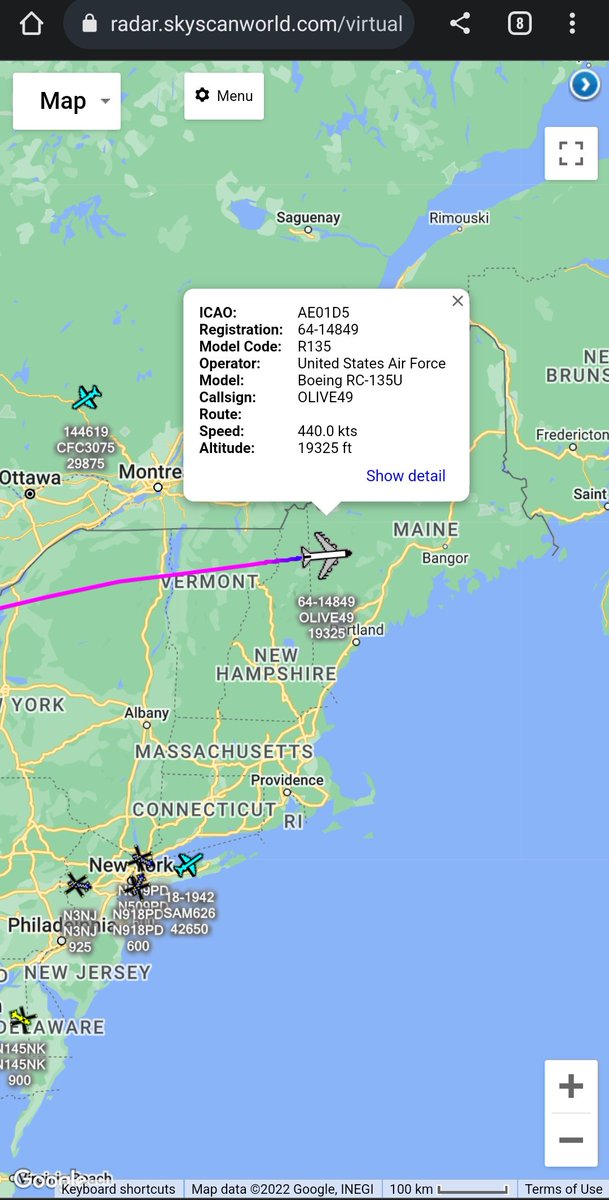 scan_sky's tweet photo. #USAF - Boeing RC-135U "Combat Sent 🦈" - 64-14849 - #OLIVE49 🫒

Departed From Offutt AFB 🇺🇸 &amp; Looks To Be Descending Into Bangor Intl Airport 🇺🇸

May Be One For RAF Mildenhall 🇬🇧 🇺🇸 Or Souda Bay 🇬🇷 Tomorrow.

The Callsign Would Suggest The Aircraft Is Going On A TDY. https://t.co/xielOroKuo