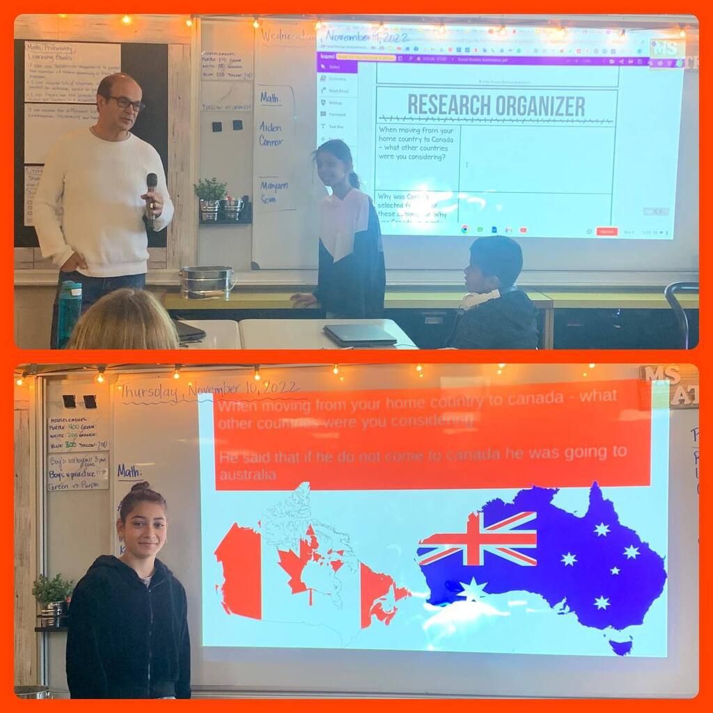 A note from Ms. Atkins…A few snaps from our social studies "Interview a Canadian immigrant" presentations today. We had a special guest who provided a live interview for the class on his immigration journey ❤️ Thank you Mr. Tavares. instagr.am/p/CkzBgTqPDAj/