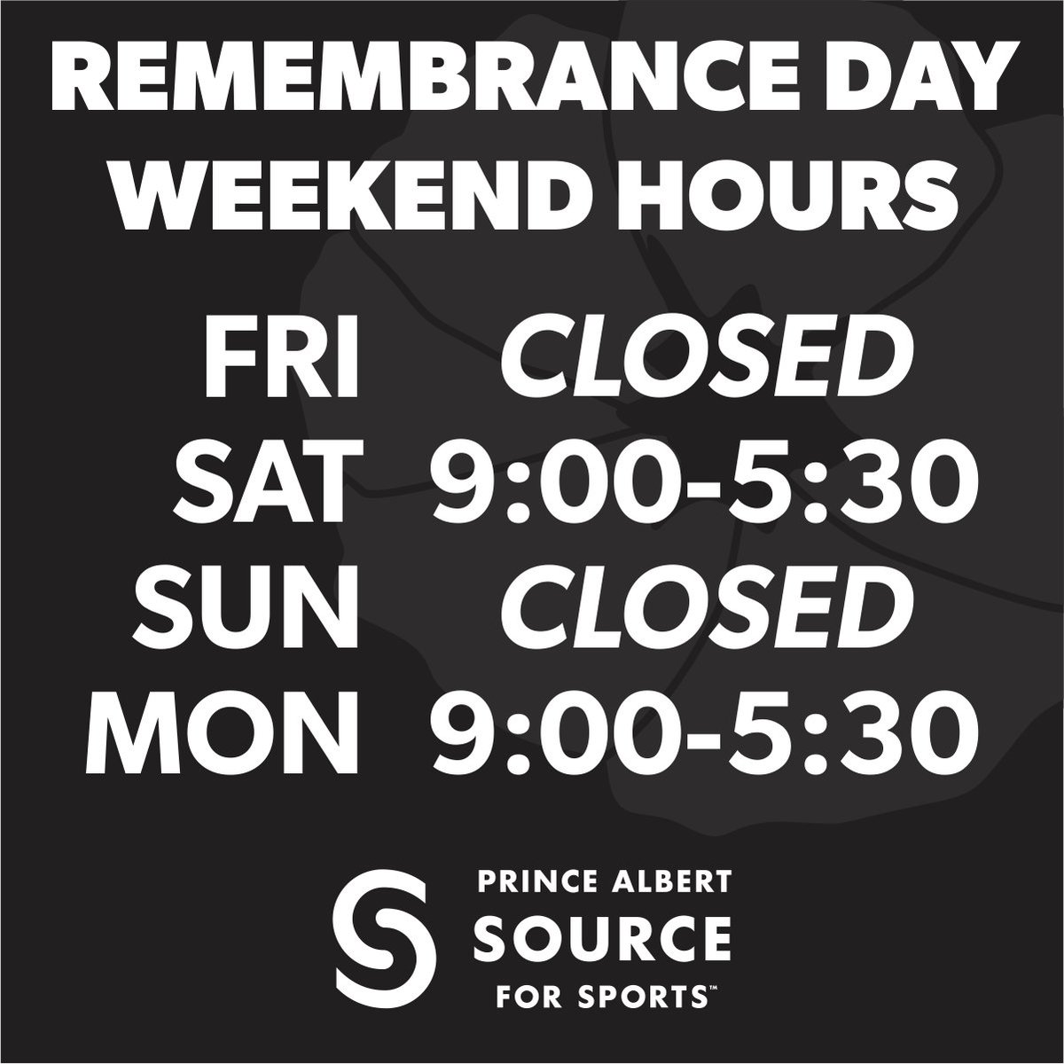 PASFS's tweet image. Just a reminder that we will be closed on Friday for Remembrance Day. We will reopen for regular hours on Saturday