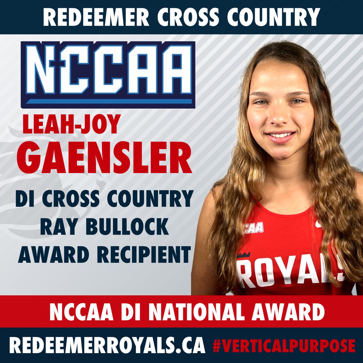 RedeemerRoyals's tweet photo. Congratulations to @RedeemerRoyals Leah-Joy Gaensler for being named the 2022 @TheNCCAA DI Cross Country Ray Bullock Award Recipient @RedeemerUniv #verticalpurpose https://t.co/iJfwyK9YeR