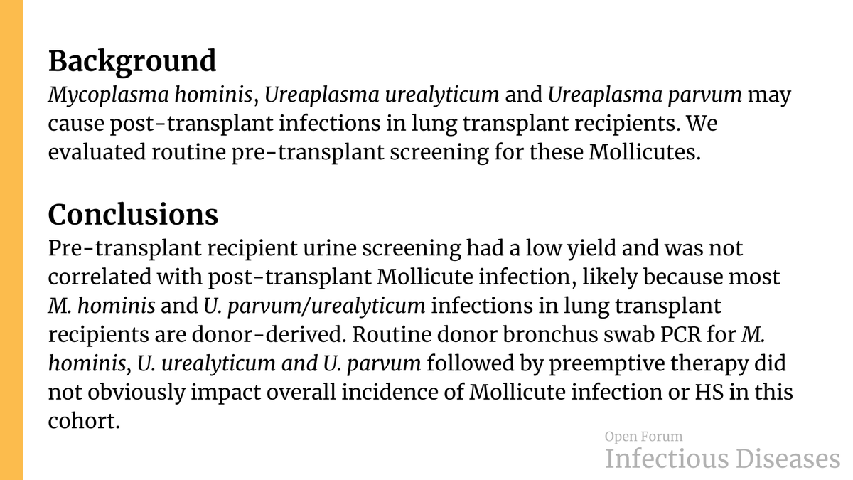 Routine Donor and Recipient Screening for Mycoplasma hominis and Ureaplasma species in Lung Transplant Recipients ✅ Just Accepted 🔓 Open Access 🔗 bit.ly/3NOt3nK