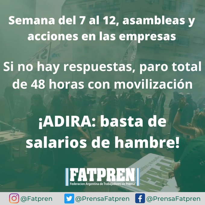 APOperiodistas's tweet photo. 📢 Desde la APO acompañamos a los periodistas de El Popular en el plan de lucha de @PrensaFATPREN  con asambleas diarias en el marco de la negociación paritaria:
✋ADIRA: Basta de salarios de hambre!
‼️ Hoy, 10-11-22, los periodistas aún no cobraron el salario del mes de octubre https://t.co/3ZXJasy5iq