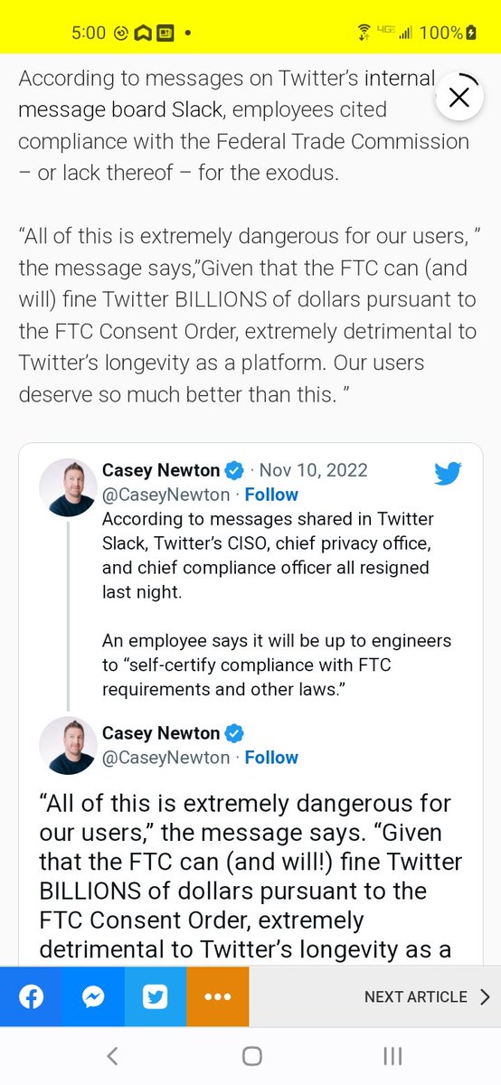 @OccupyDemocrats BREAKING NEWS---TWITTER'S SECURITY/PRIVACY TEAM QUITS TO AVOID RESPONSIBILITY FOR POSSIBLE CRIMINAL ACTIONS BY ELON! So, it I'd no longer safe to be on Twitter, and our entire government is hooked up into this massive security risk...