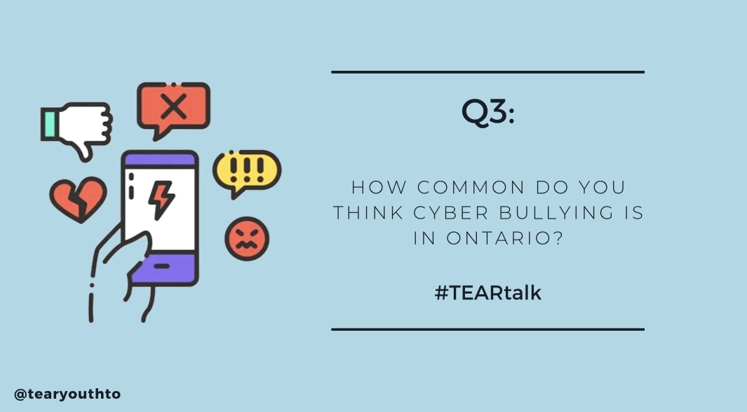 TearYouthTO's tweet photo. Q3: How common do you think cyberbullying is in Ontario? #TEARtalk https://t.co/81KhZM0iD9