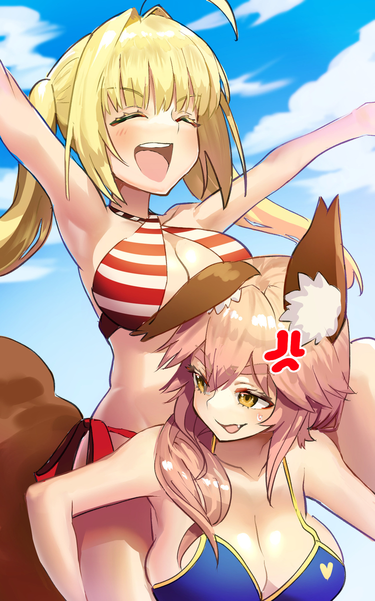 ネロ・クラウディウス(Fate) ,ネロ・クラウディウス(水着) ,玉藻の前(水着) 「おはようございます!今日の過去絵 」|とりまへら＠ソシャゲ絵のお仕事募集中のイラスト