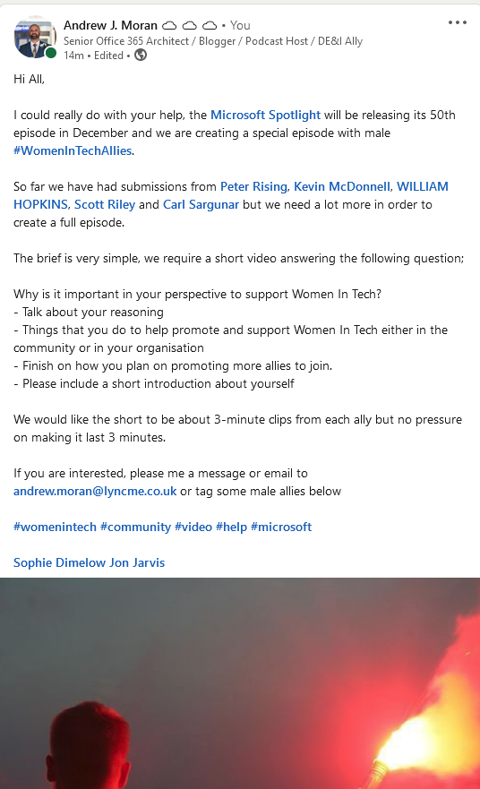 Calling all #MaleAllies of #WomenInTech we need your support. Are you able to record a short video for our big 50th episode #Microsoft #Diversity #Equality #Inclusion #MVPBuzz #mscommunity