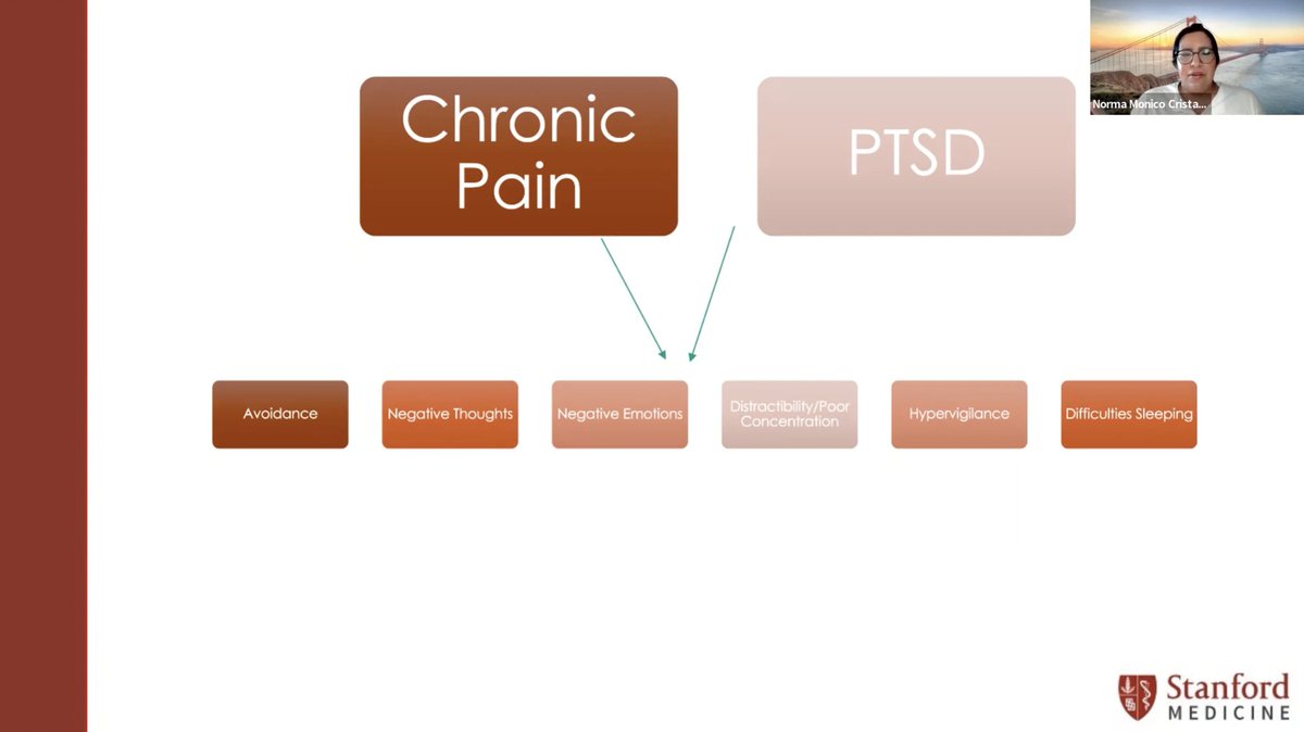 StanfordPain's tweet photo. Dr. Norma Stacey Monico-Morales talks about why Chronic Pain and PTSD may be impacting each other and methods on how to approach the two.
Watch her full presentation on Stanford Pain Medicine YouTube channel: https://t.co/XT5F0plzog)
#PainScienceLectureSeries. https://t.co/PlW9DISSip