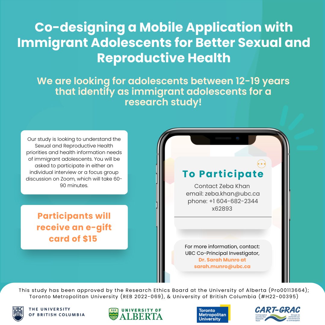 cartgrac's tweet photo. @DrSarahMunro and Dr @SalimaMeherali invite you to join us in co-designing a mobile app for sexual and reproductive health services for immigrant adolescents. More info in the poster below. Send us an email to participate! https://t.co/ubd23sRvTT