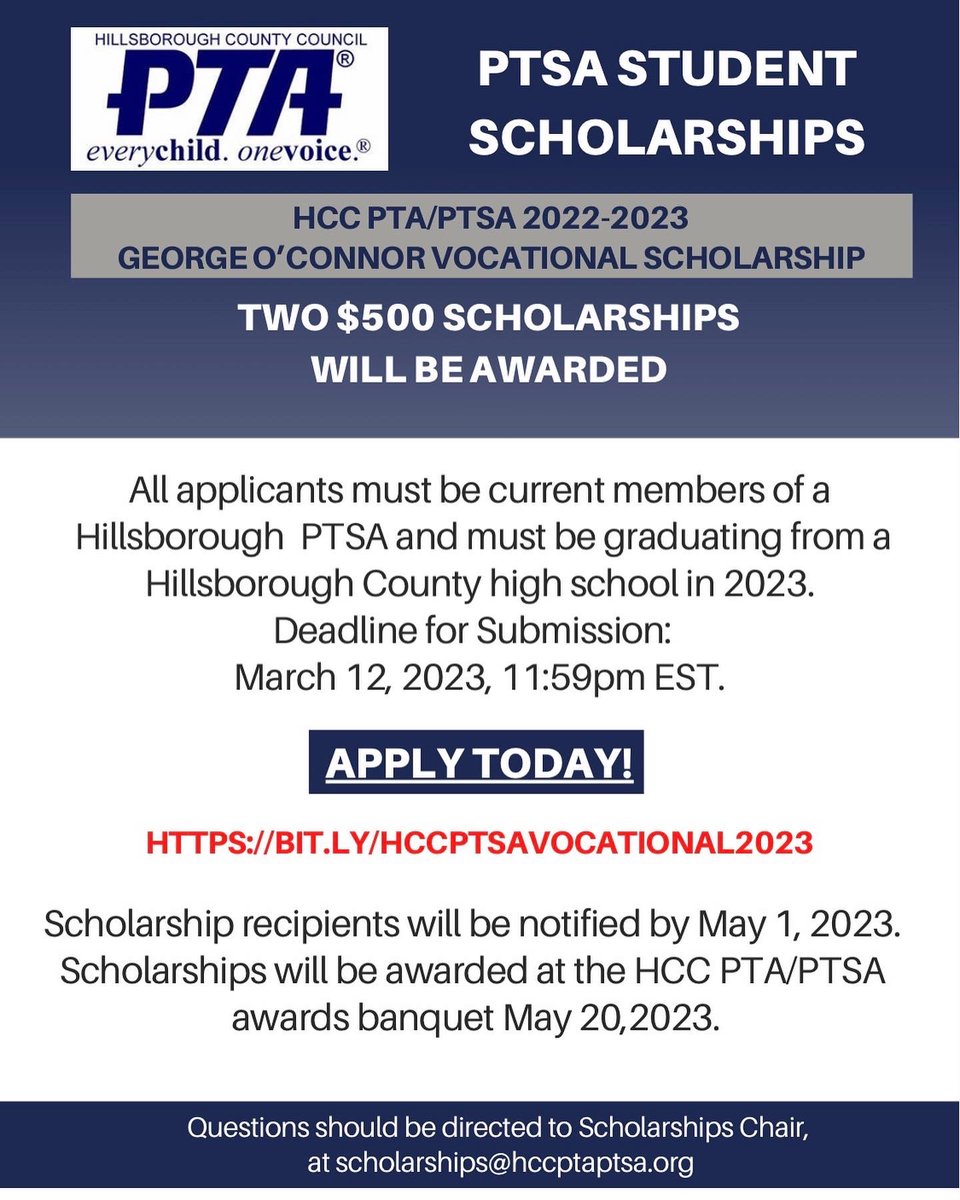Please help spread the word! Applications are open! Apply for an HCC PTSA Student Scholarship today! 🎓 bit.ly/HCCPTSAVOCATIO… bit.ly/HCCPTSASCHOLAR…