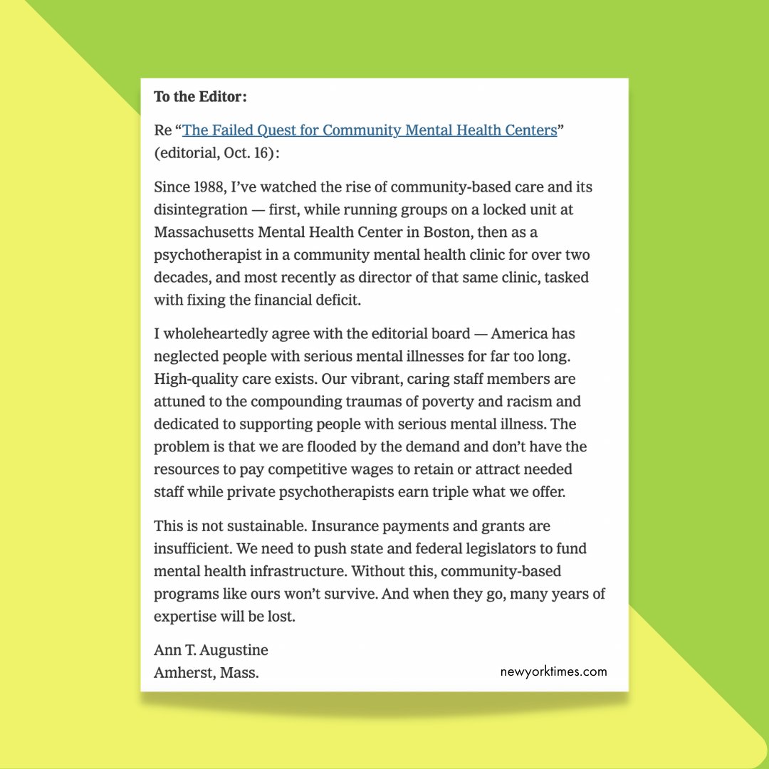This NYT letter to the editor caught my attention. Ann's right. What we are doing now is not sustainable. Funding recovery needs to be a top priority so community-based services can thrive. @VannaHealth is creating innovative funding mechanisms for recovery for people with SMI.