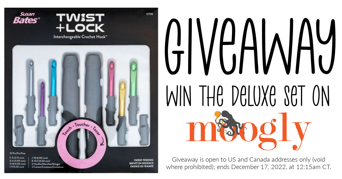 mooglyblog's tweet photo. It's a Susan Bates Twist + Lock Interchangeable Crochet Hook Deluxe Set Giveaway! Take a look at this fab new set and enter to win on Moogly! @yarnspirations1 #yarnspo #susanbates #crochetgiveaway #mooglyblog 😍 https://t.co/DWTqS5vjBV https://t.co/ewav3y9pOg