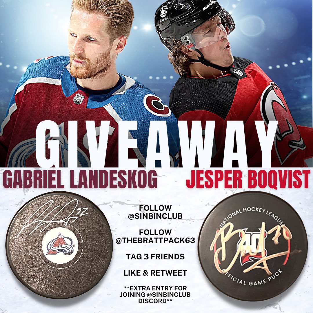 TheBrattPack63's tweet photo. 🚨 GIVEAWAY 🚨

Partnered w/ @sinbinclub to giveaway 1 signed @GabeLandeskog92 official CO Avalanche NHL Hockey Puck &amp; 1 signed @jesperboqvist NHL NJ Devils 40th Ann. Official Game Puck 

RULES:
1️⃣ Follow @sinbinclub &amp; @thebrattpack63
2️⃣ Like + RT
3️⃣ Tag 3 friends

Ends in 72HRs https://t.co/wH8uojDx0D