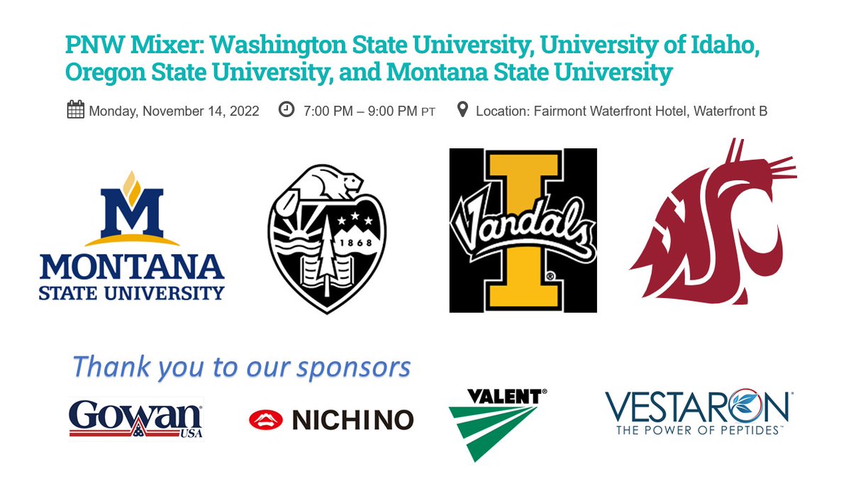 🎉Join us for the Pacific Northwest Mixer at this year's Entomological Society of America's Joint Annual Meeting!🎉

It will be on Monday, November 14 from 7:00pm until 9:00pm at the Fairmont Waterfront Hotel, Waterfront B.

Thank you to our sponsors and collaborators!