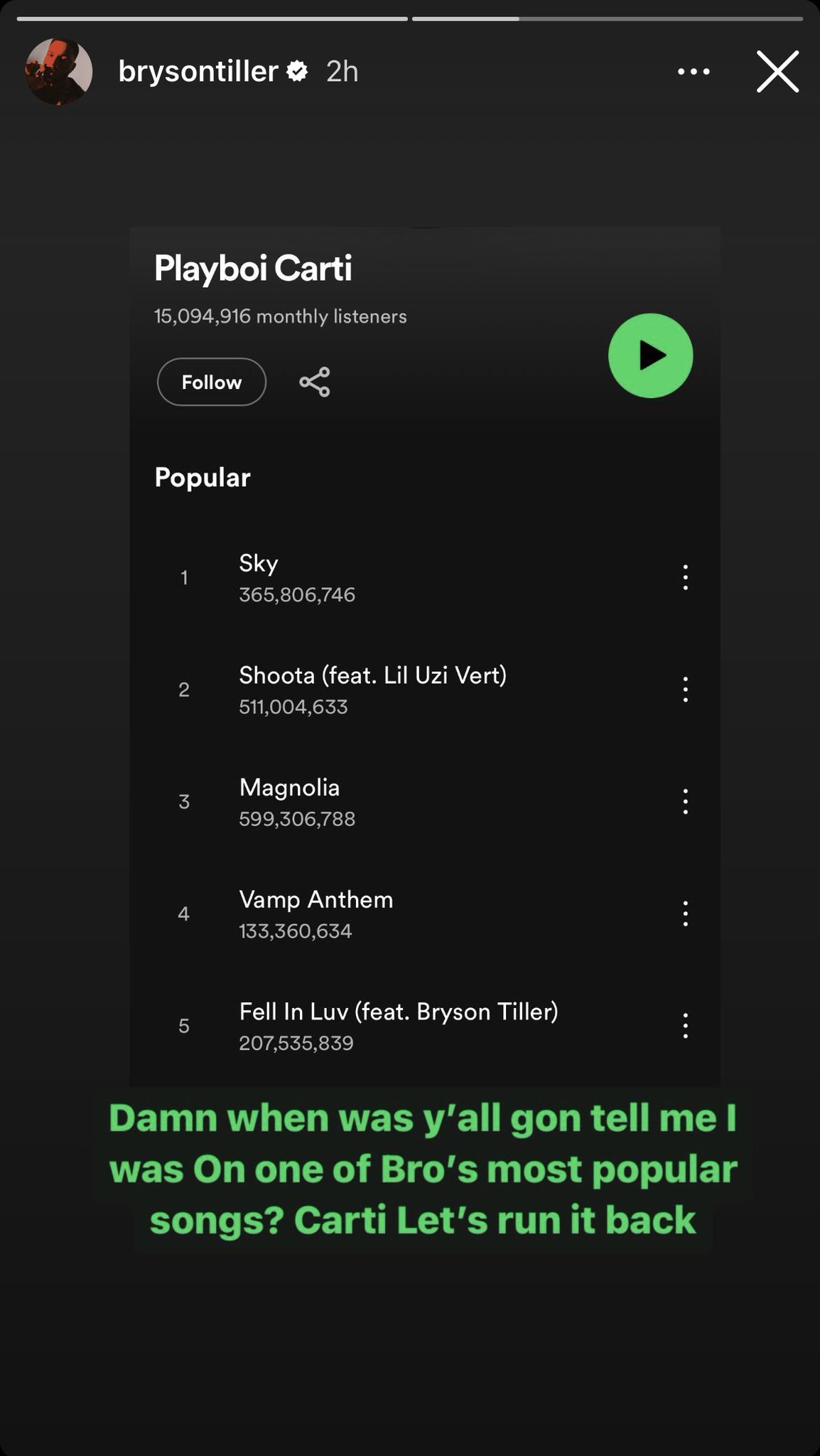 Carti Charts 🧛🏿‍♀️🏴‍☠️ on Twitter "Bryson Tiller wants to run it back