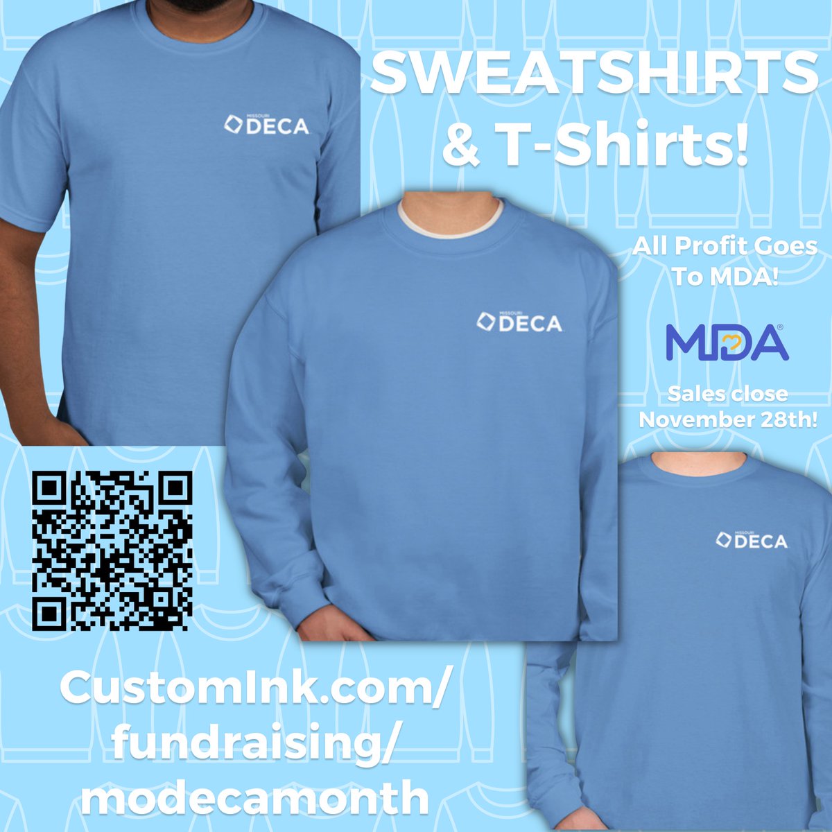 MissouriDECA's tweet photo. Did someone say SWEATSHIRTS? Missouri DECA is hosting a limited time sweatshirt &amp; t-shirt fundraiser to raise money for MDA! Sales close November 28th. Go to, “https://t.co/VRLRJNgdfk” or to our Linktree to  order yours today! https://t.co/zYEdfJSNDw