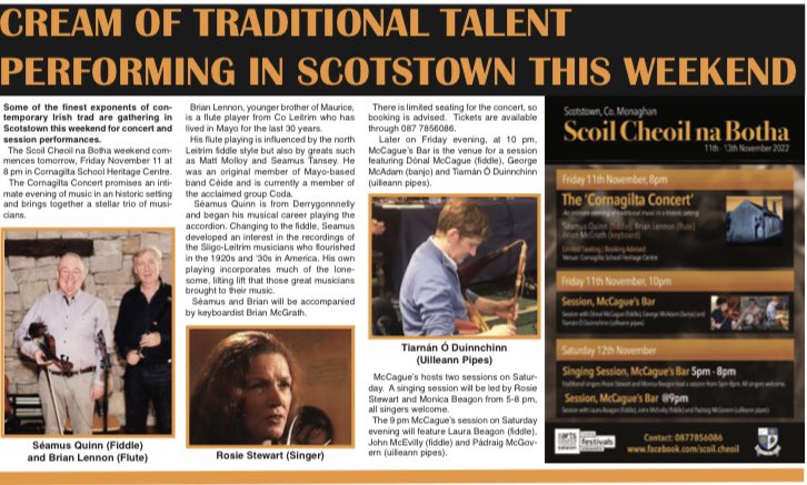 ScoilCheoil's tweet photo. Great article in this weeks @theNSMonaghan about @ScoilCheoil 2022. Opening concert tomorrow night in Cornagilta School followed by session in @mccaguesbar with Dónal, Tiarnán agus George #ceol #trad https://t.co/fy0hmjYkrp