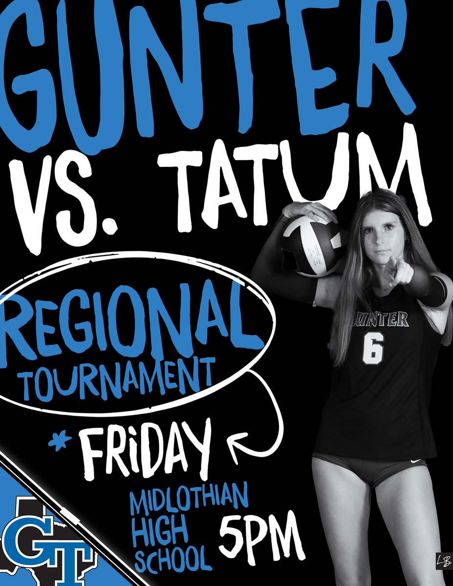 Gunter Volleyball (@guntertigervb) on Twitter photo 🚨Regional Semifinals🚨
🆚 Tatum HS
📆 Fri, Nov 11
⏰ 5 pm
📍Midlothian High School
Come cheer on your GTVB girls as we fight at the Regional Tournament! We’d love to have your support!!!
#NSD #goldballszn
📸 <a href="/lacibracewell/">Laci bracewell</a> 🚨Regional Semifinals🚨
🆚 Tatum HS
📆 Fri, Nov 11
⏰ 5 pm
📍Midlothian High School
Come cheer on your GTVB girls as we fight at the Regional Tournament! We’d love to have your support!!!
#NSD #goldballszn
📸 <a href="/lacibracewell/">Laci bracewell</a>