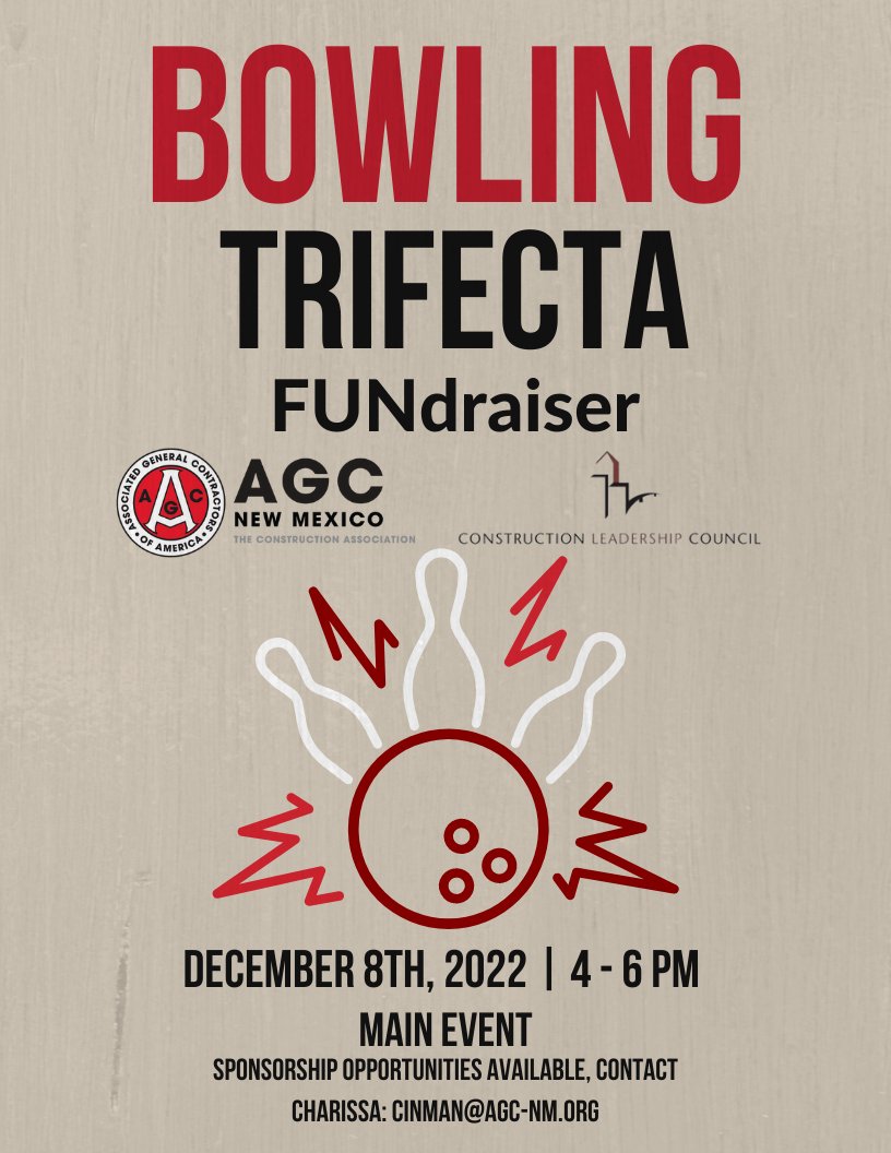 Bring your team for a night of bowling and networking for a cause! 🎳
Proceeds will benefit local charities! 

Sponsorship opportunities are available please contact Charissa at cinman@agc-nm.org

Click the link below to register
memberleap.com/Calendar/morei…