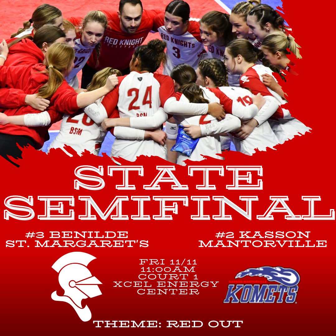 🚨STATE SEMIFINAL MATCH🚨
🏐🔴🏐🔴🏐🔴🏐🔴🏐🔴🏐
BSM Volleyball heads back to the ❌ Friday morning to take on the KoMets from Kasson-Mantorville in the AAA State Semifinal match at 11am! 

Theme: Red Out 🔴❤️🚨🌹‼️

Come cheer your Red Knights on to victory!