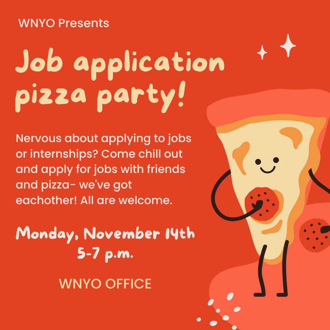 Nervous to start the job hunt? Well, come to the office on Monday to eat pizza and apply to jobs with friends! We'll be here 5-7 with nothing but the best vibes and best pizza 🍕🍕🍕