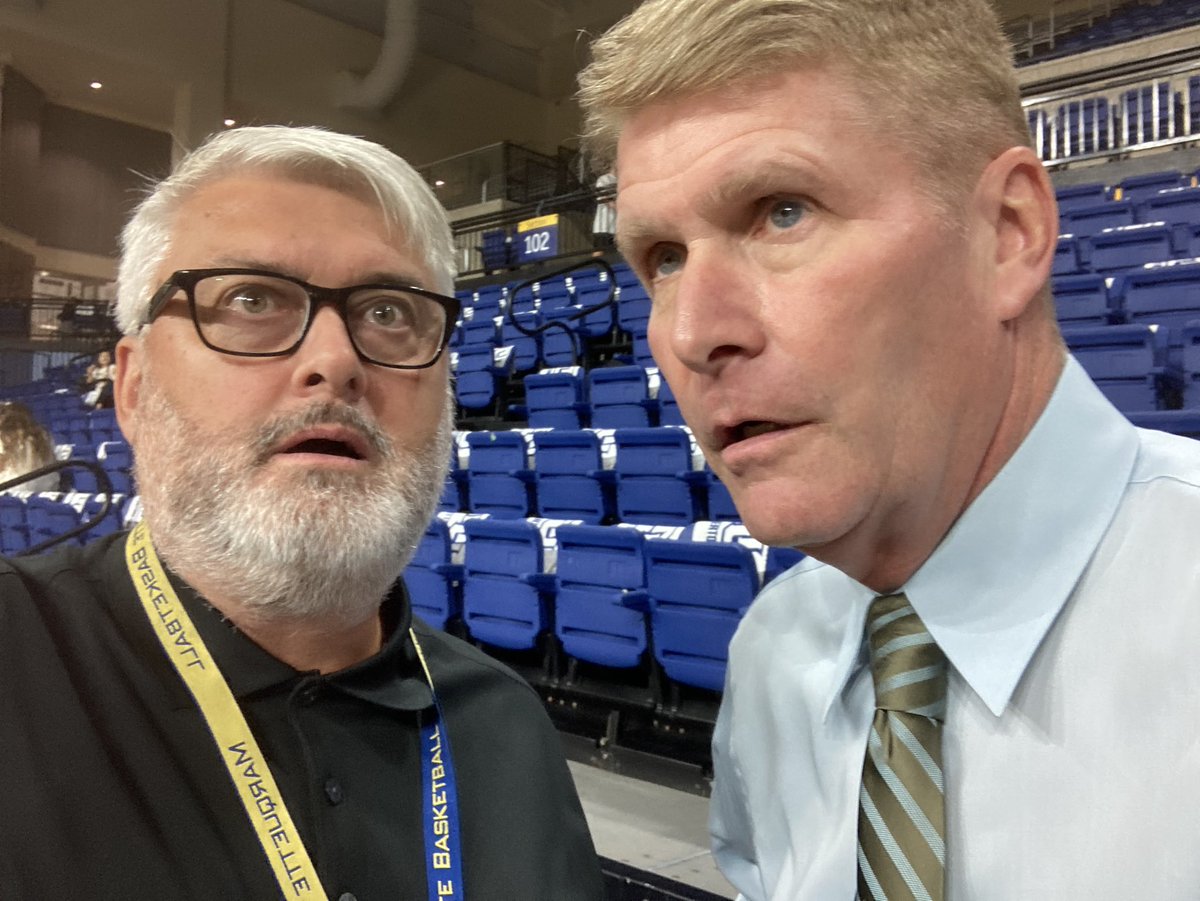 MikeJ_OnTheMic's tweet photo. Game faces for game voices. #MikeJontheMic in the house and @BobBrainerd on FS2 for tonight’s #StudentsOnly @CMUMensBBall @MarquetteMBB at Al McGuire Center. https://t.co/mzYJ82tKoE
