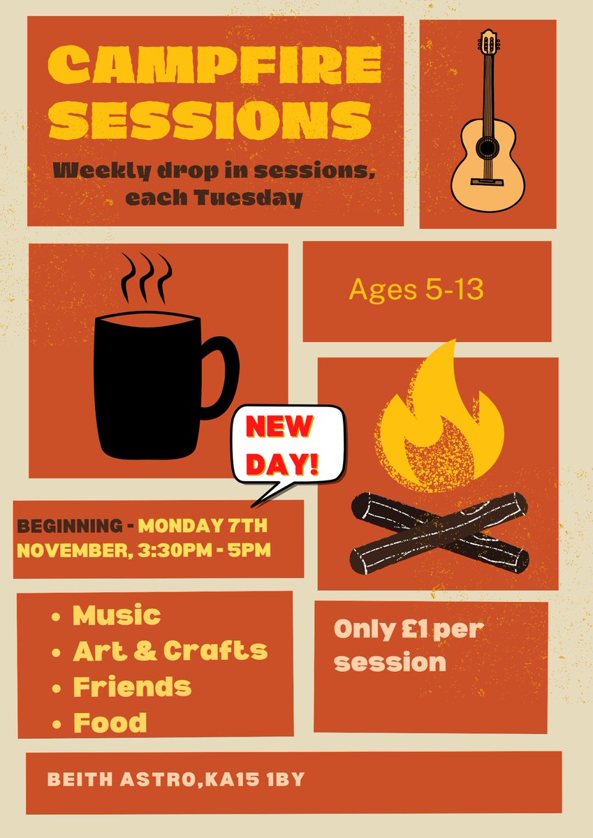 A reminder that our campfires have changed from a Tuesday to a Monday after school🔥We'll have plenty of music and art activities to keep you busy and snacks to keep you going!