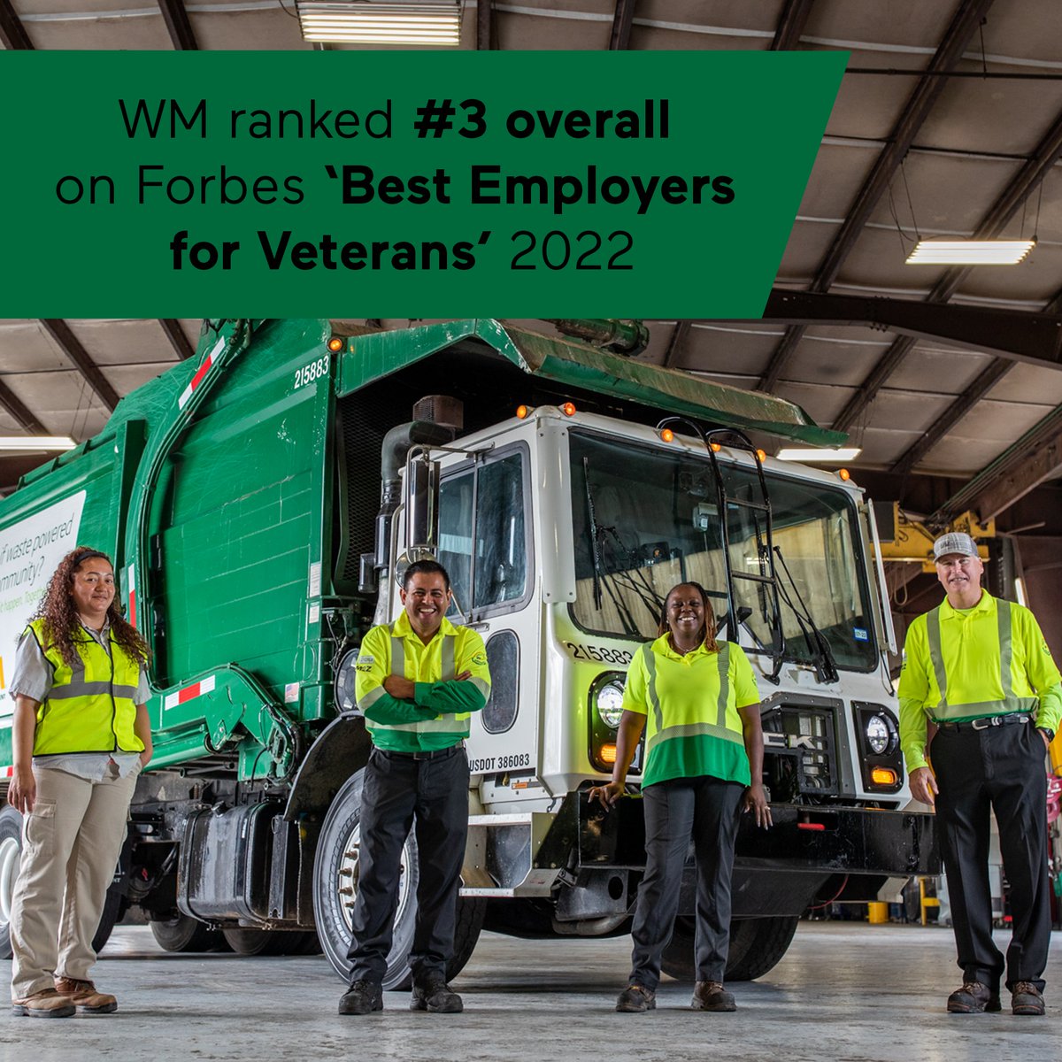 WasteManagement's tweet photo. We're thrilled to have been ranked #3 on @Forbes 2022 'Best Employers For Veterans" list! Military veterans are an important part of WM and we’re proud to be an employer of choice for those who have served their country. https://t.co/HMLLUlcEME