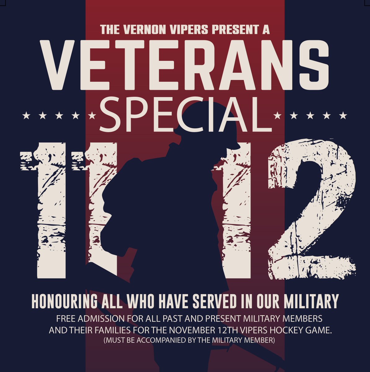 VernonVipers's tweet photo. The Vernon Vipers host the Merritt Centennials Saturday night. In honour of Remembrance Day (November 11th)  - we would like to extend a special offer to all past and present members of the military. Free tickets for them and their families this Saturday https://t.co/IJEPZjjPyL