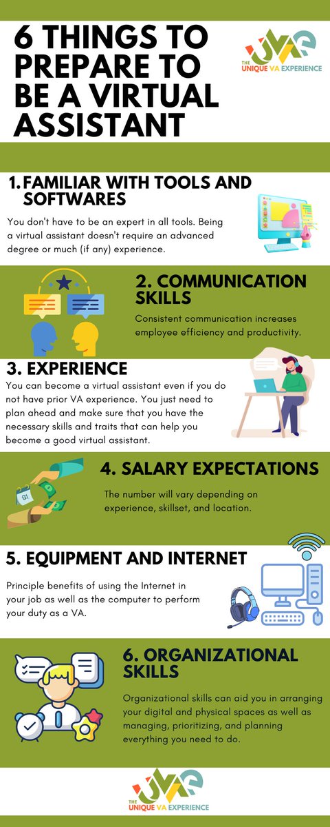 UniqueVAXP's tweet photo. Planning on becoming a Virtual Assistant soon?
Here are 6 things that you should at least prepare to be one. 👍
#virtualassistant #freelancing #vatips #theuniquevaexperience #GeneralVA #SocialMediaManagement #Copywriting #workfromhome https://t.co/5tNi7kAwcZ