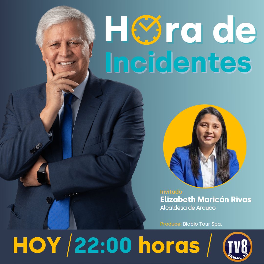 gastonsaavedra's tweet photo. 💡A las 22:00 horas, una nueva edición de #HoraDeIncidentes por 📺 TV8 Concepción, con la conducción de Mario Alejandro Sanhueza.
👉Hoy conversaremos con Elizabeth Maricán Rivas, alcaldesa de #Arauco.
▶Les esperamos
#GastonSenador #GastonSaavedra #YoCumplo #SerDeVerdad https://t.co/d4QSCpupGl