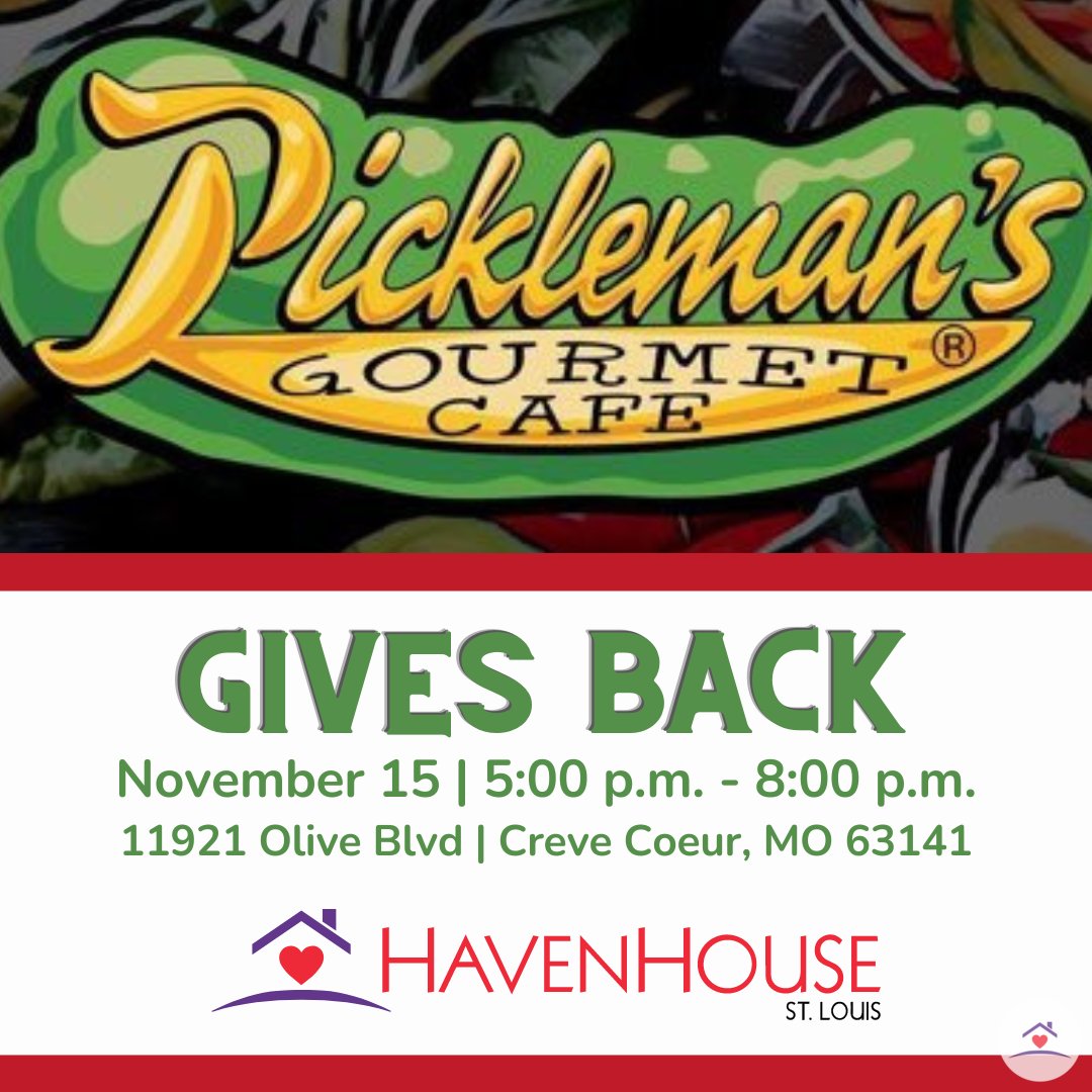 HavenHouseSTL's tweet photo. Join us on Tuesday, November 15th, from 5:00 p.m. - 8:00 p.m., at the @PicklemansCC in Creve Coeur to help support the patients and families of HavenHouse St. Louis!
Just mention the fundraiser to the cashier.
#stlouis #havenhousestl #picklemans #giveback #community #support https://t.co/QteAotom0C