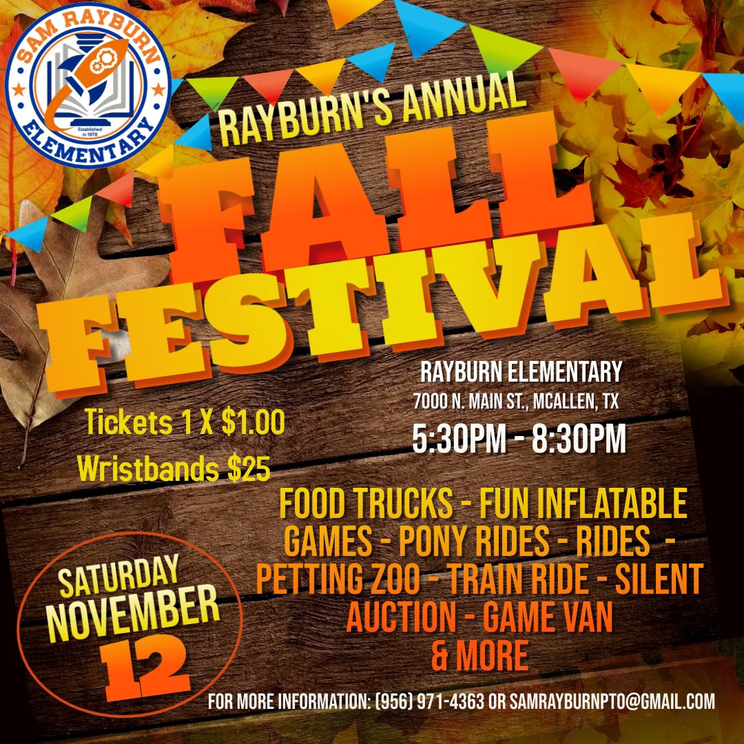 ALZ_Rockets's tweet photo. Rayburn’s Fall Festival is this Saturday! Come join the fun! PreSale Wristbands &amp; tickets available Friday. @Rockets120 #fallfestival #pto @McAllenISD https://t.co/FdVGHQICDk