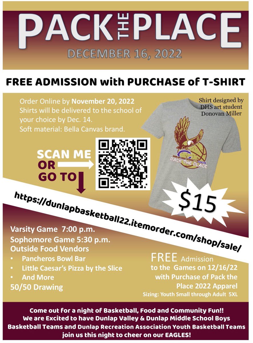 DHS_Eagle's tweet photo. Mark your calendars for DHS Pack the Place! T-shirt orders are due on 11/20. https://t.co/Ot3CSgTkuT