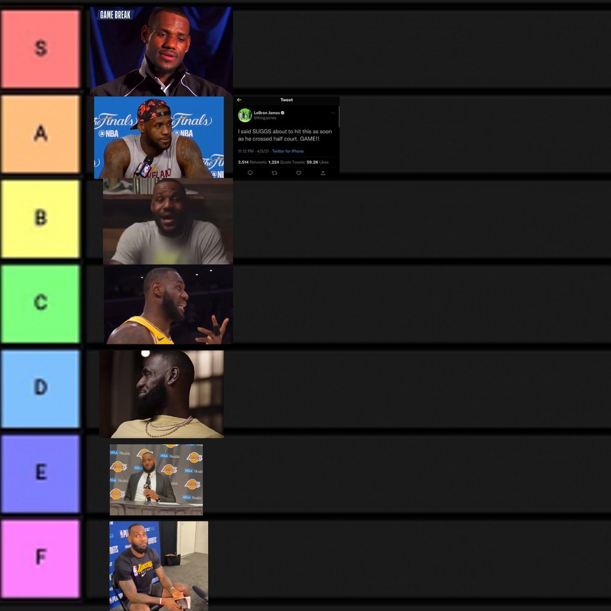 theshootaround_'s tweet photo. LeBron Lie Tier List according to us. https://t.co/H7BjMvn9s8