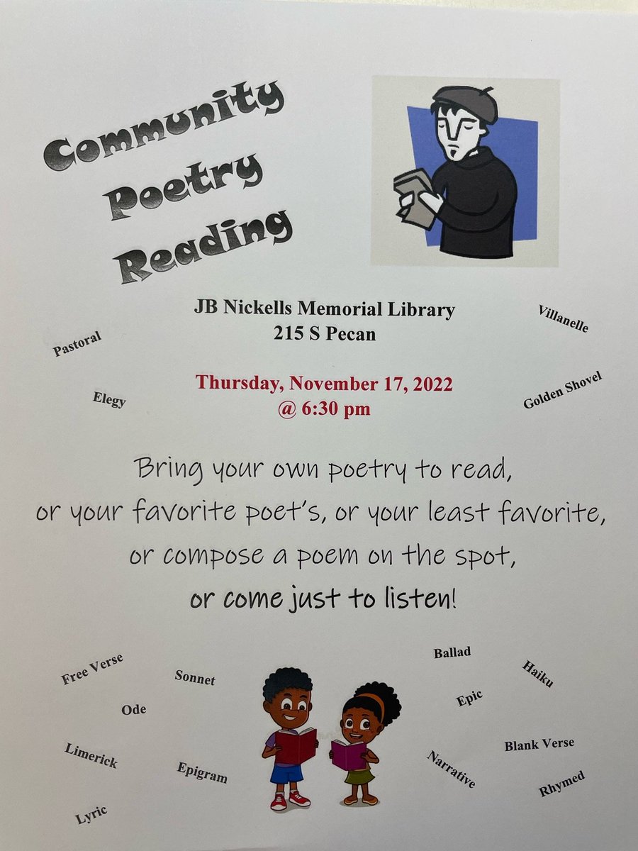 ImaLulingReader's tweet image. Because it was sooo much fun... we are doing the community poetry reading again next week! Thursday, November 17 at 6:30 pm. Bring a poem, or not, but don&apos;t miss it! #poetryreading #luling #libraryprograms #poetryisfun