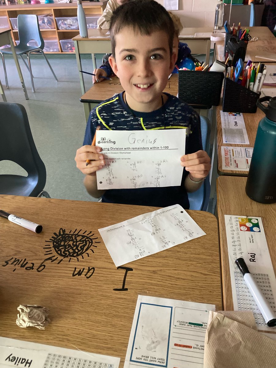 Stds in gr 6 demonstrate growth mindset strategies, by working through the difficult task of long division. It has many steps, but the gr6 class persevered even though it got difficult. Hard things help to make our brain grow! Permission to write on desks helps too! <a href="/yourschools/">Avon Maitland District School Board (AMDSB)</a>