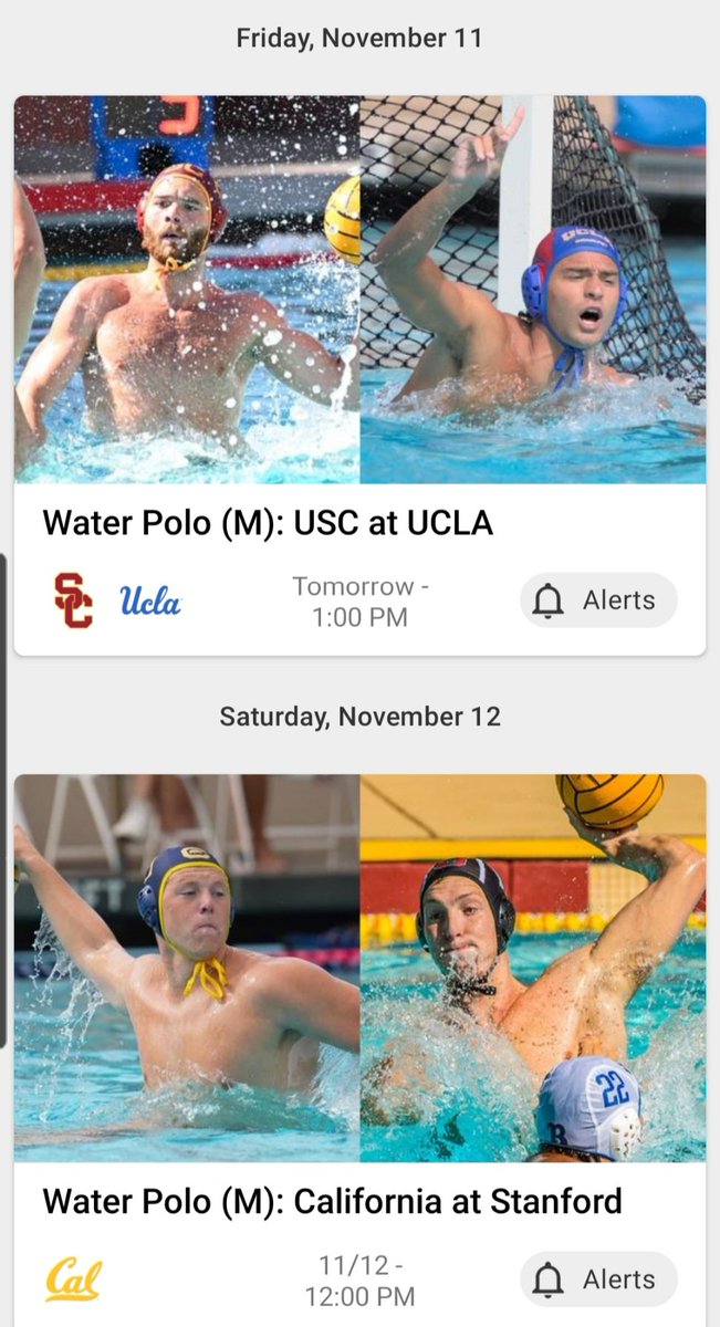 USA Water Polo (@usawp) on Twitter photo Two MAJOR battles coming up on the <a href="/Pac12Network/">Pac-12 Network</a> as the men's college regular season concludes!
Fri - <a href="/USCWaterPolo/">USC Water Polo</a> at <a href="/UCLAWaterPolo/">UCLA Water Polo</a> 4pm et/1pm pt (SOLD OUT)
Sat - <a href="/CalWaterPolo/">Cal Water Polo</a> at <a href="/StanfordMWP/">Stanford Men's Water Polo</a> 3pm et/12pm pt
DO NOT MISS OUT!
How to watch: pac-12.com/getpac-12netwo⌠#Waterpolo Two MAJOR battles coming up on the <a href="/Pac12Network/">Pac-12 Network</a> as the men's college regular season concludes!
Fri - <a href="/USCWaterPolo/">USC Water Polo</a> at <a href="/UCLAWaterPolo/">UCLA Water Polo</a> 4pm et/1pm pt (SOLD OUT)
Sat - <a href="/CalWaterPolo/">Cal Water Polo</a> at <a href="/StanfordMWP/">Stanford Men's Water Polo</a> 3pm et/12pm pt
DO NOT MISS OUT!
How to watch: pac-12.com/getpac-12netwo⌠#Waterpolo