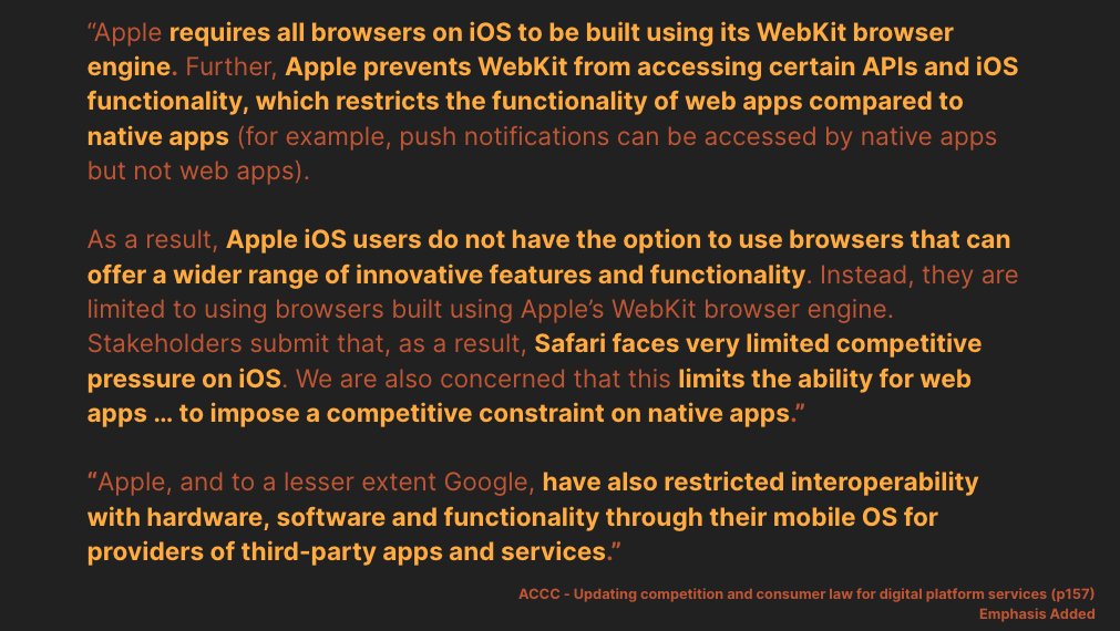 The ACCC, The Australian Regulator 🇦🇺 has published a paper which has great news for competition in Browsers and Web Apps.

They propose:
1. Reversing the #AppleBrowserBan
2. Equivalent Access to Hardware and Software
3. Allow Web Apps to Compete with Native Apps

🧵Lets Dig In
