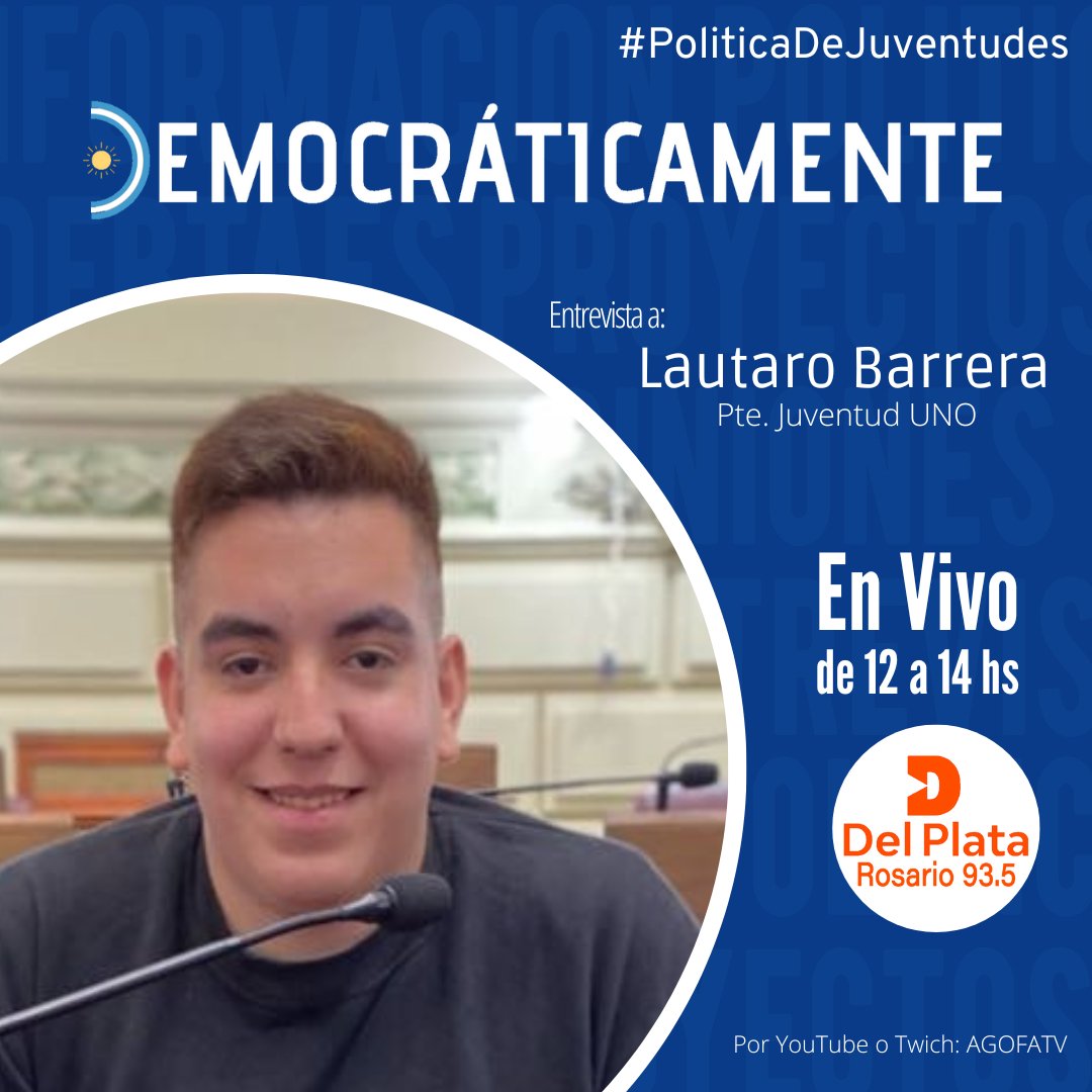 🗓 Este viernes se viene otro “Política de Juventudes” 🏙📌 debatimos sobre la agenda joven con @lautybarrera024 Pte. de la Juventud del partido <a href="/unoargentinaok/">UNO Argentina</a> en Santa Fe.

▶️ Por <a href="/DelPlataRos935/">DelPlataRosario935</a> o por #Agofatv en #YouTube y #twitch con la conducción de <a href="/JuanFranciscook/">Juan Francisco</a> 📻📺
