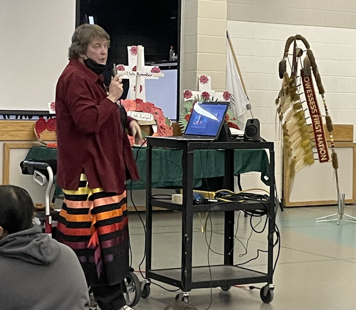 sandypinay's tweet photo. Remembrance Day ceremony at CCEC today. First Nations veterans honoured in a beautiful compilation by former CCEC teacher Eleanor A. #remember #FirstNationsVeterans https://t.co/nHDlhkzKLI