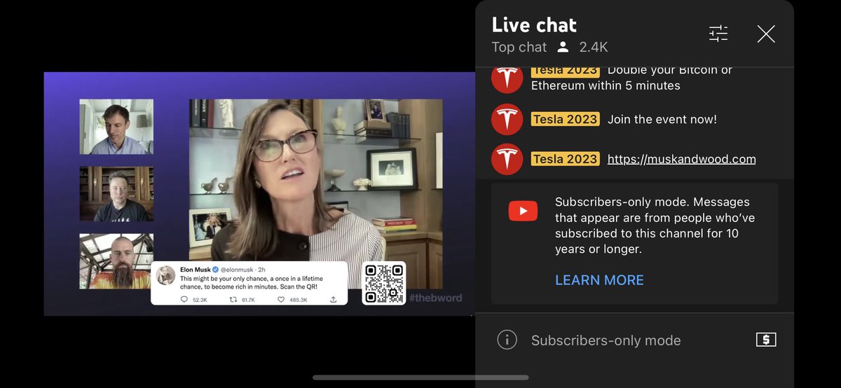 KrowProject's tweet photo. @elonmusk @BiasedGirl Someone on YouTube shows your live right now.  Trying scam  ppl with the QR CODE. almost fooled me. Crazy 😤 https://t.co/sxMvuud5Jg