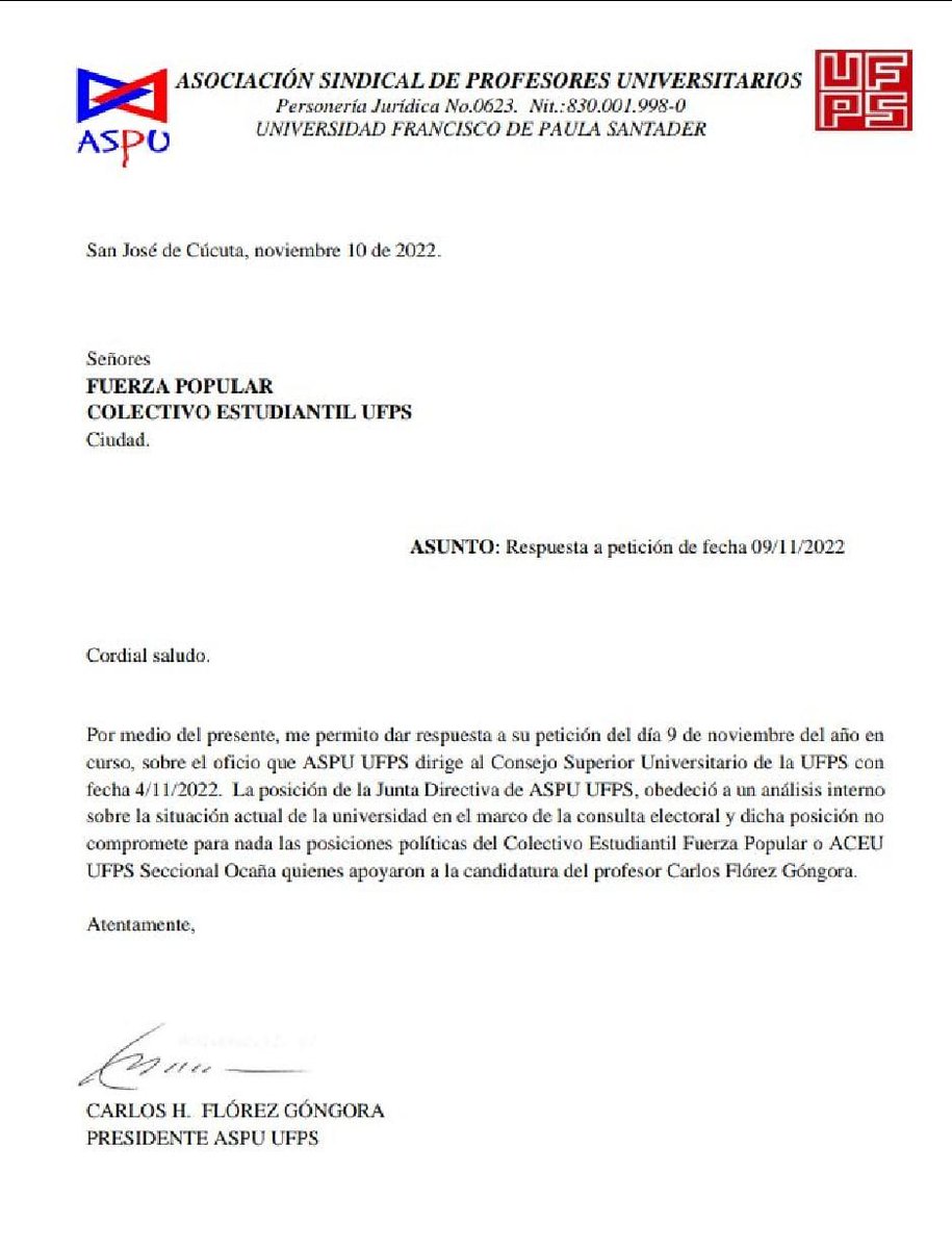 CarlosFlorez_6's tweet photo. Comparto comunicado a la opinión publica y comunidad Universitaria dónde se aclara la posición de Aspu UFPS frente al colectivo estudiatil @FronteraPopular y @ACEU_Colombia UFPS Ocaña. La lucha continua! https://t.co/HoWcCSzPnq