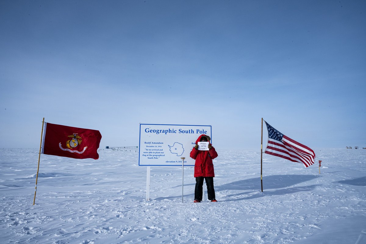 LepsThomas's tweet photo. Happy 247th birthday from South Pole to the @USMC. We had a C-17 airdrop supplies today. I suspect c17s flying overhead was a welcome sight for a lot of marines. I flew the flag this winter to give my brother. Thanks for your service! #USMC247 #USMCBirthday #southpole https://t.co/jssQHWV9Am