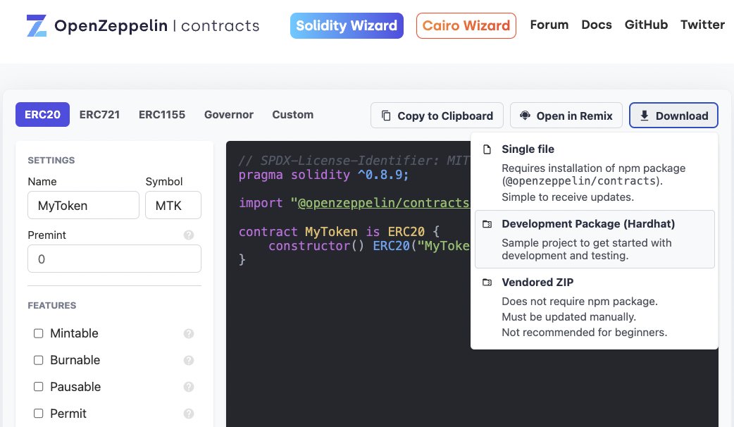 New Contracts Wizard update 📜 In a continued effort to support secure smart contract development, we've launched the ability to download a Hardhat development package based on a contract configured in OpenZeppelin Wizard! Try at → docs.openzeppelin.com/contracts/4.x/…