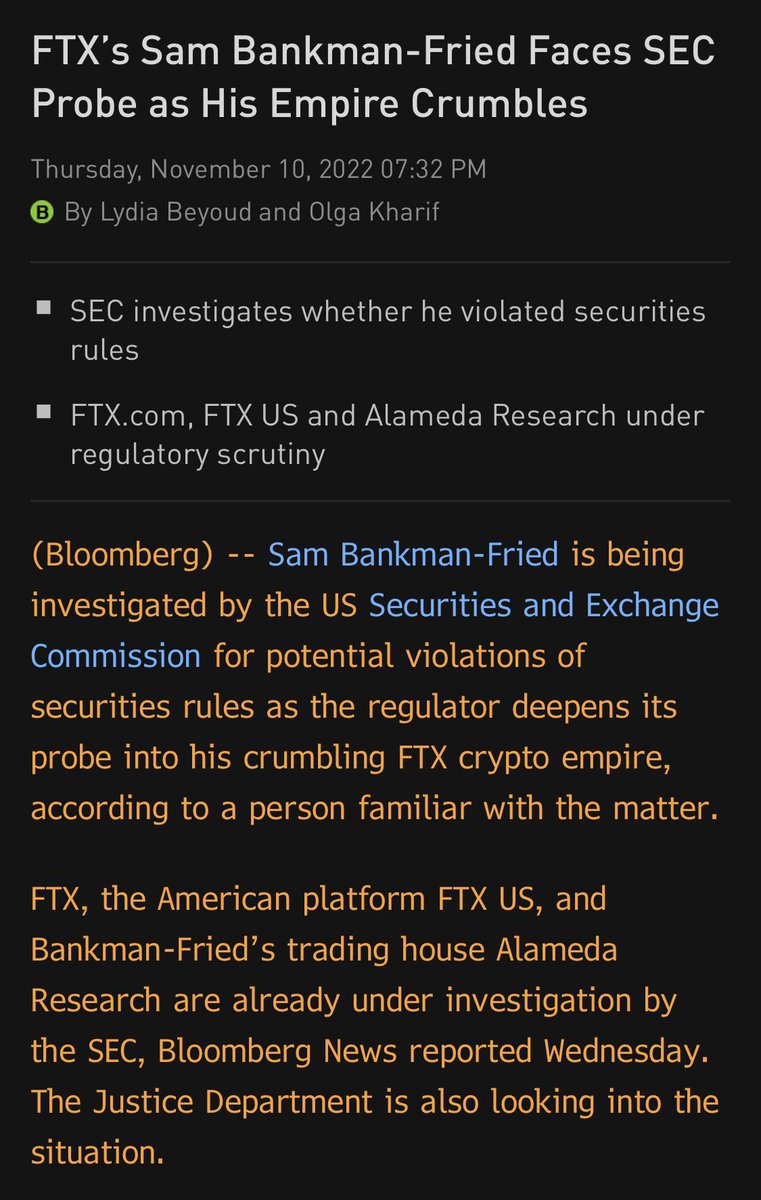 Scoop: Sam Bankman-Fried is under investigation by the SEC for potential securities law violations. This is in addition to SEC, CFTC probes into FTX.com, FTX US & Alameda Research. Full story, with @olgakharif, on @TheTerminal