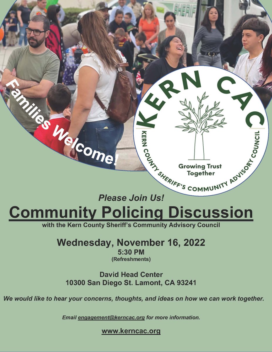 KernCJCoalition's tweet photo. We will be hosting a community meeting in Lamont on Wednesday, November 16 at 5:30 at the David Head Center to discuss Community Policing! https://t.co/CnLjI9SY62