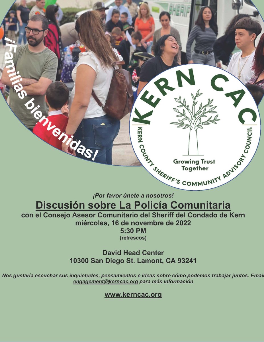 KernCJCoalition's tweet photo. We will be hosting a community meeting in Lamont on Wednesday, November 16 at 5:30 at the David Head Center to discuss Community Policing! https://t.co/CnLjI9SY62