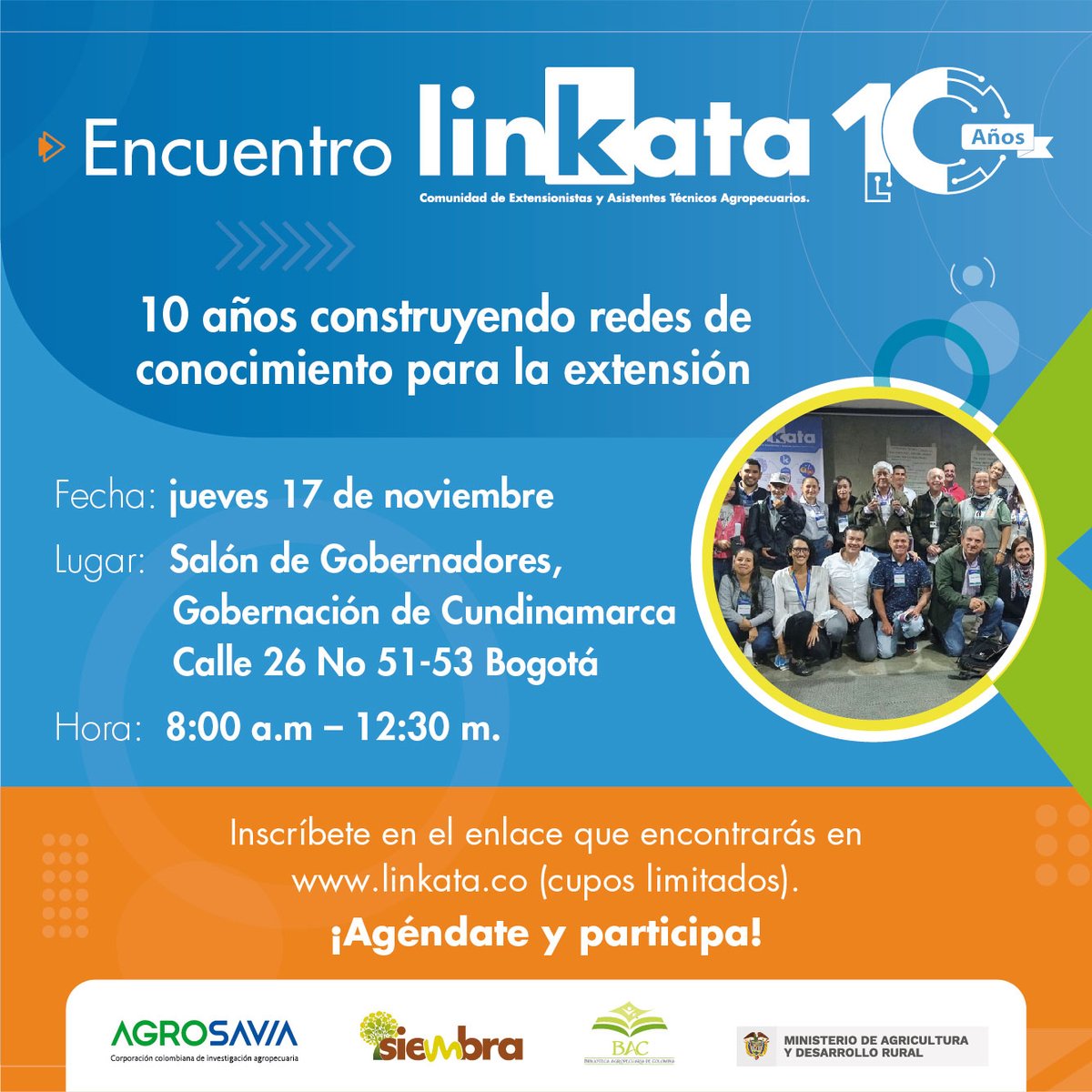 ATALinkata's tweet photo. #Linkata10años🔵 | ¡Te invitamos a participar presencialmente del Encuentro Linkata para conmemorar🔟años de trabajo en red!
🗓️Jue. 17 de nov.⏰ 8:00 a.m.
📍Gobernación de Cundinamarca, Salón de Gobernadores: Calle 26 # 51 - 53, Bogotá. 
✍️Inscríbete: https://t.co/Ggg9O8znLw https://t.co/sgvrLtaDrN