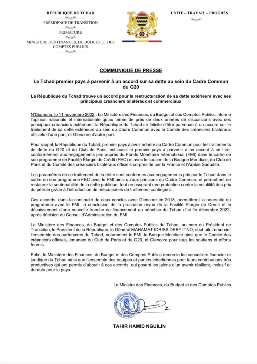 TahirHamidN's tweet photo. Nous venons cette nuit de conclure avec succès les négociations avec nos créanciers extérieurs dans le contexte du Cadre Commun du G20.
Merci à toutes les parties prenantes.
Ci-attaché le communiqué de presse.
#imf #Worldbank #G20 https://t.co/piva9FSetw