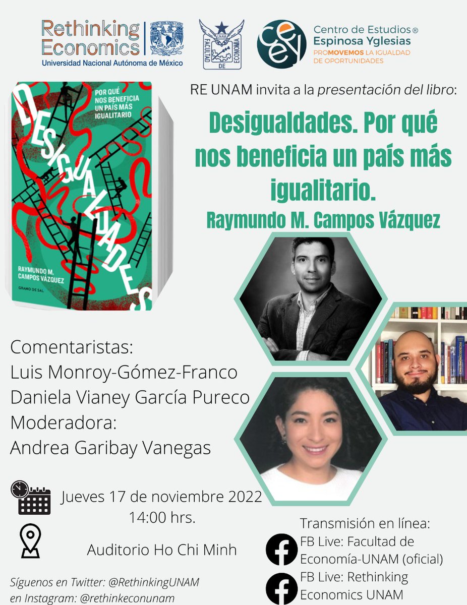 Mariphosa_06's tweet photo. Gracias a la invitación de @RethinkingUNAM con mucho gusto presentaré el libro "Desigualdades. Por qué nos beneficia un país más igualitario"
📝🖇jueves 17 de noviembre
⏰14:00 hrs
🕋 Auditorio Ho Chi Minh. Facultad de Economía 
¡Tremendo libro!  📖📚📢 https://t.co/YXBrkvpjuQ